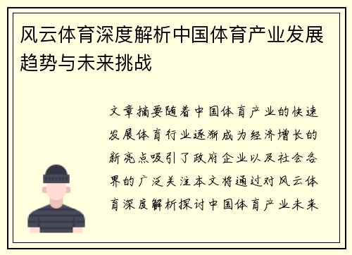 风云体育深度解析中国体育产业发展趋势与未来挑战